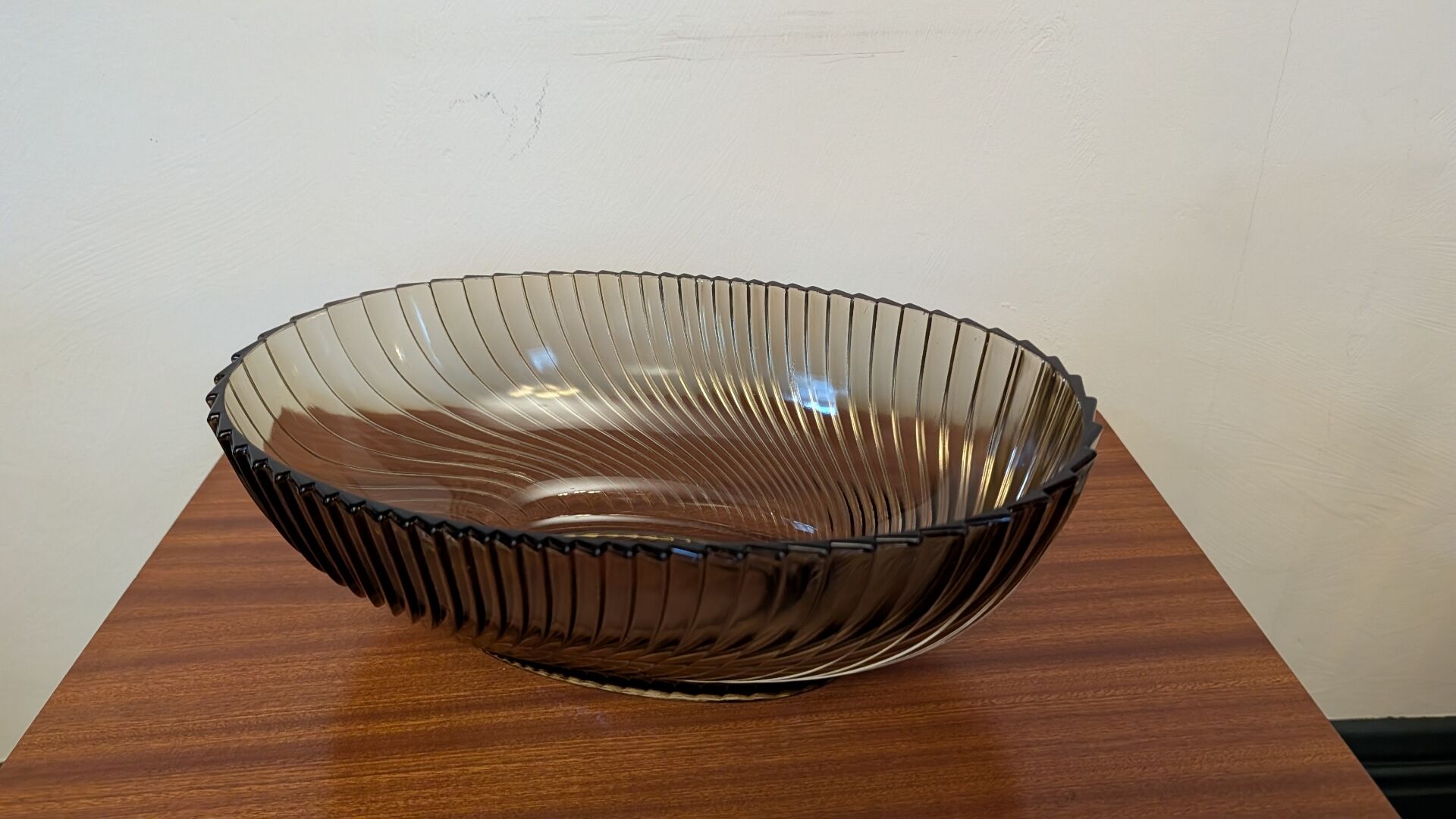 Large modernist twisted smoked glass bowl – 1970s