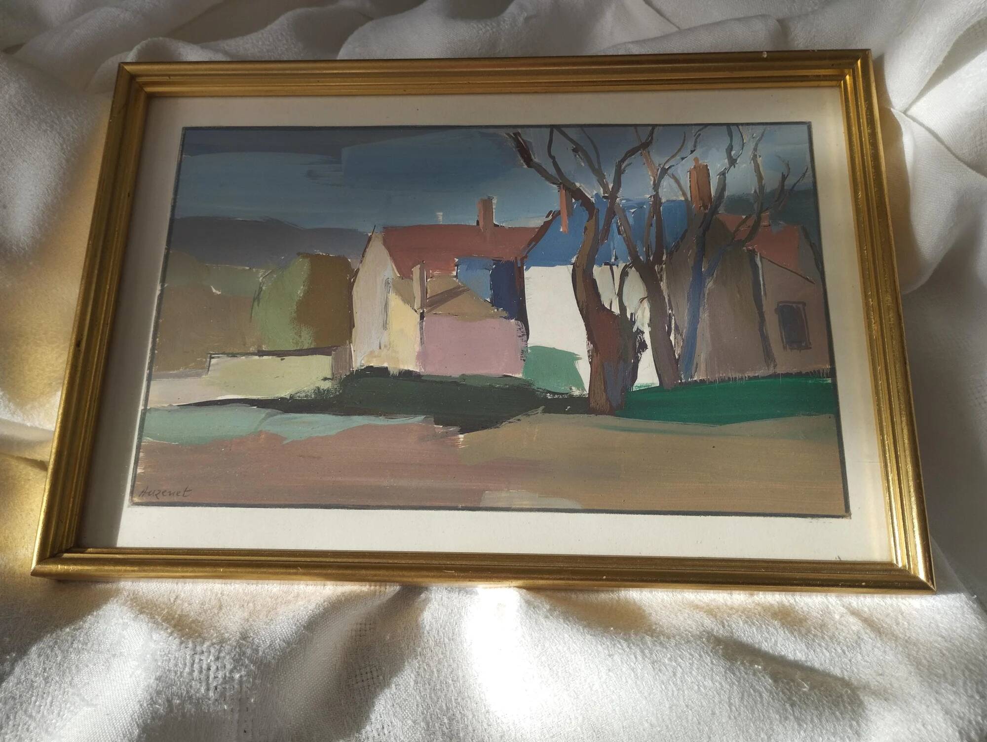 Hamlet in winter - Gouache signed Auzenet framed