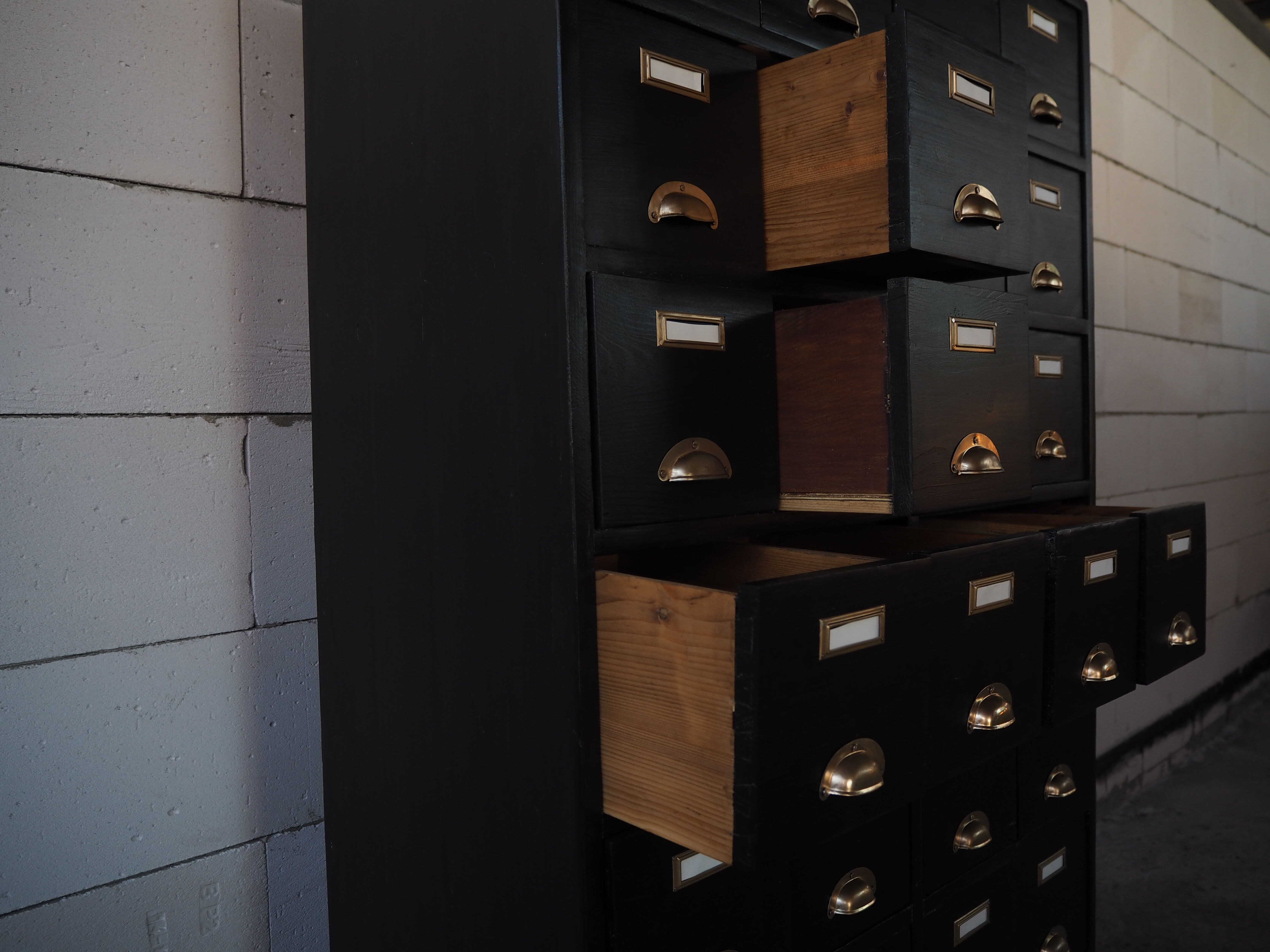 Vintage industrial wooden chest of drawers, apothecary, filling cabinet, 1930s