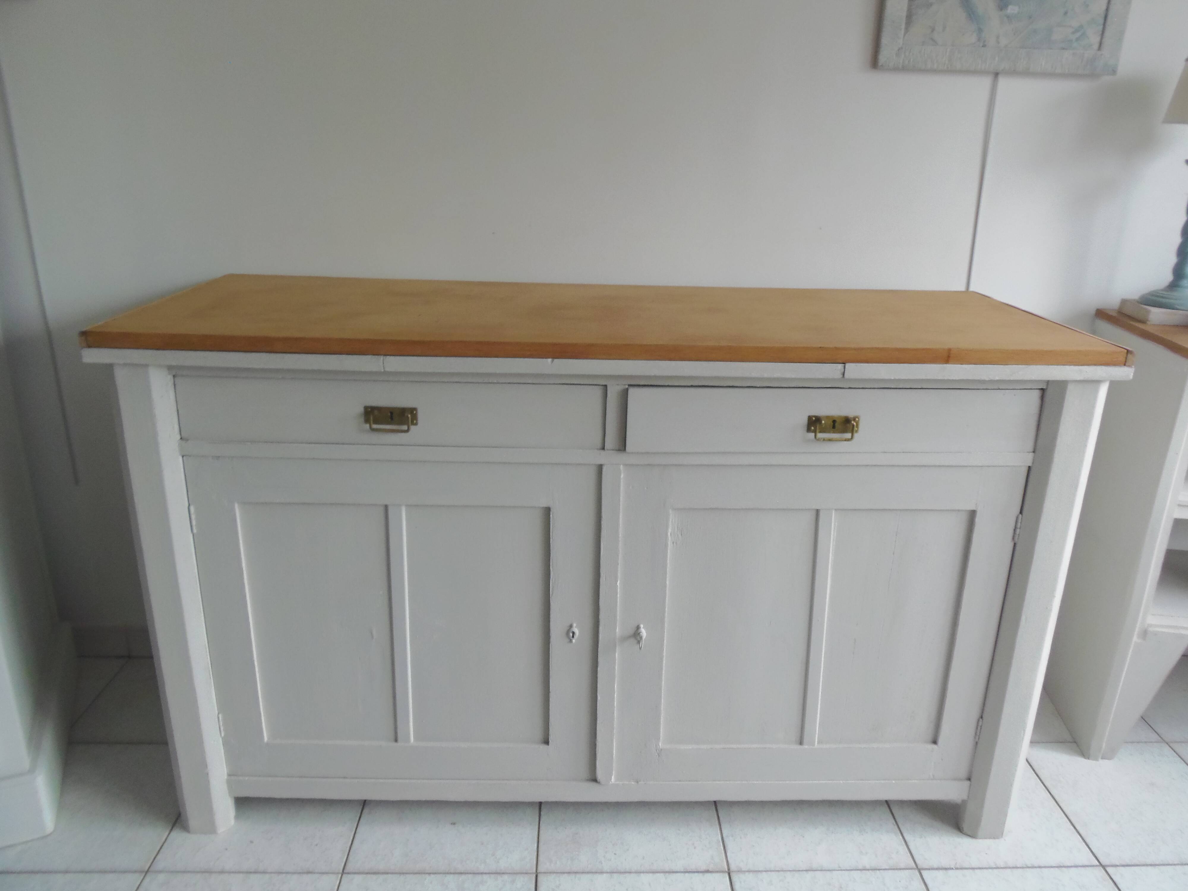 Vintage sideboard, 2 drawers, 1 shelf, 2 pearl gray patinated doors, wooden top.
