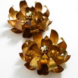 Pair of 70's gilded floral Regency wall or ceiling lamp with large leaves
