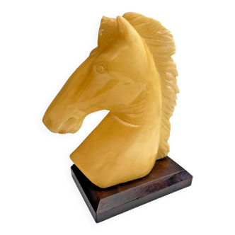 Horse head sculpture in alabaster or white opaline – stone base – H21