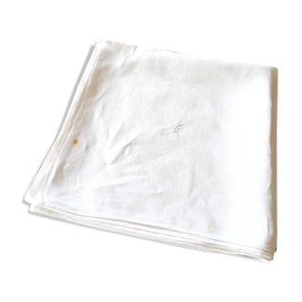 Nappe vintage en coton damassé pour table ronde monogramme MR *D4*