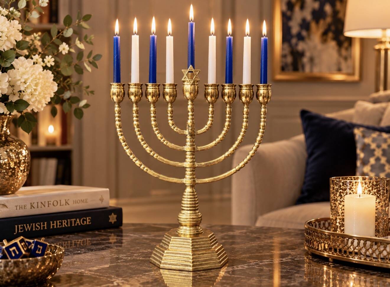 Vintage Candelabras 9 Branch Menorah Jewish Judaica Golden Candle Holders Brass
