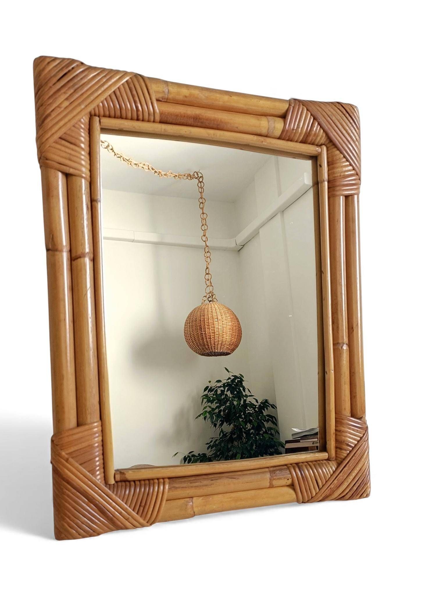Miroir en bambou et rotin des années 1960 dans le style de la Côte d'Azur