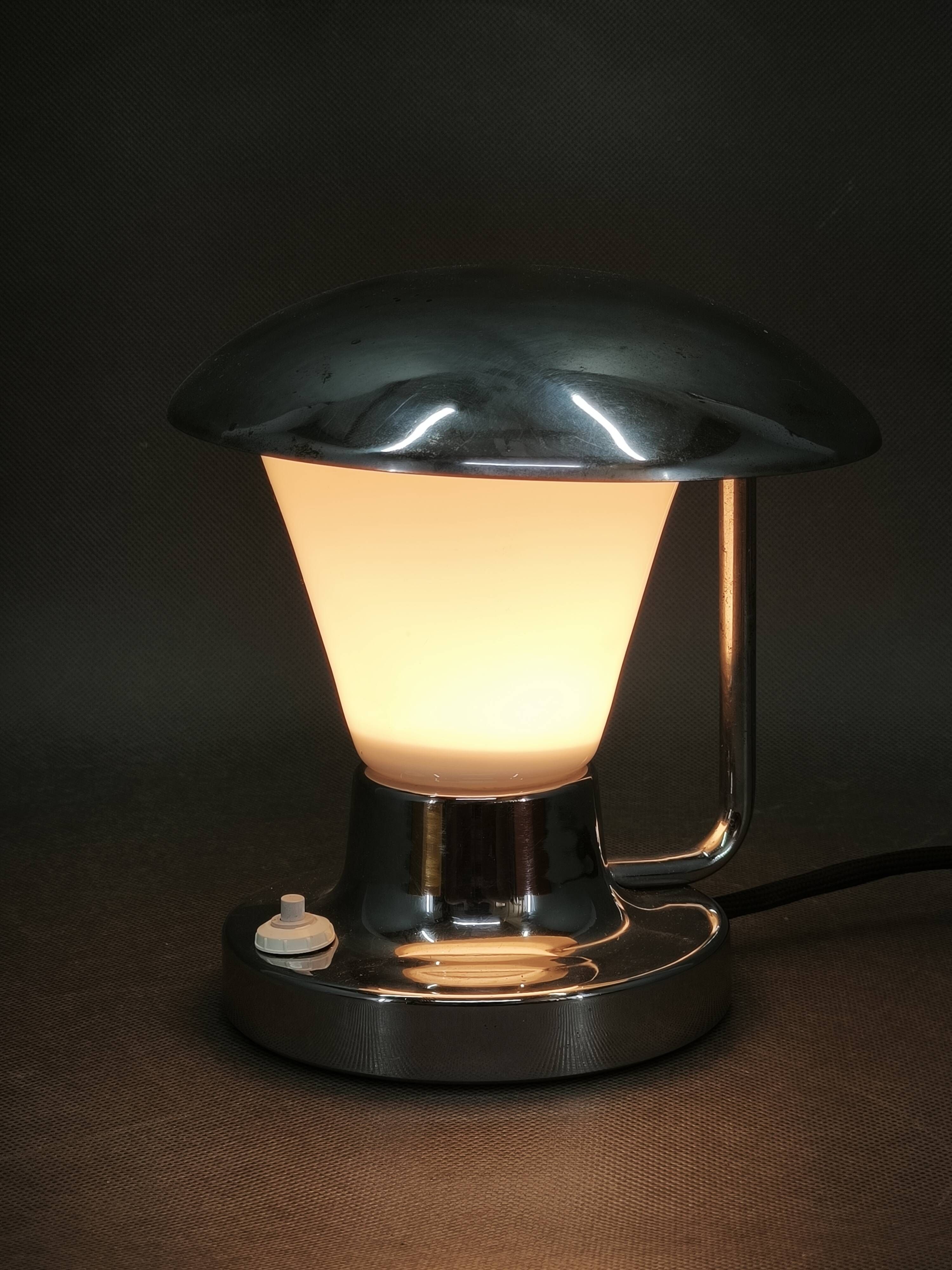 Josef hůrka bauhaus chrome and opaline glass table lamp for napako, 1940s