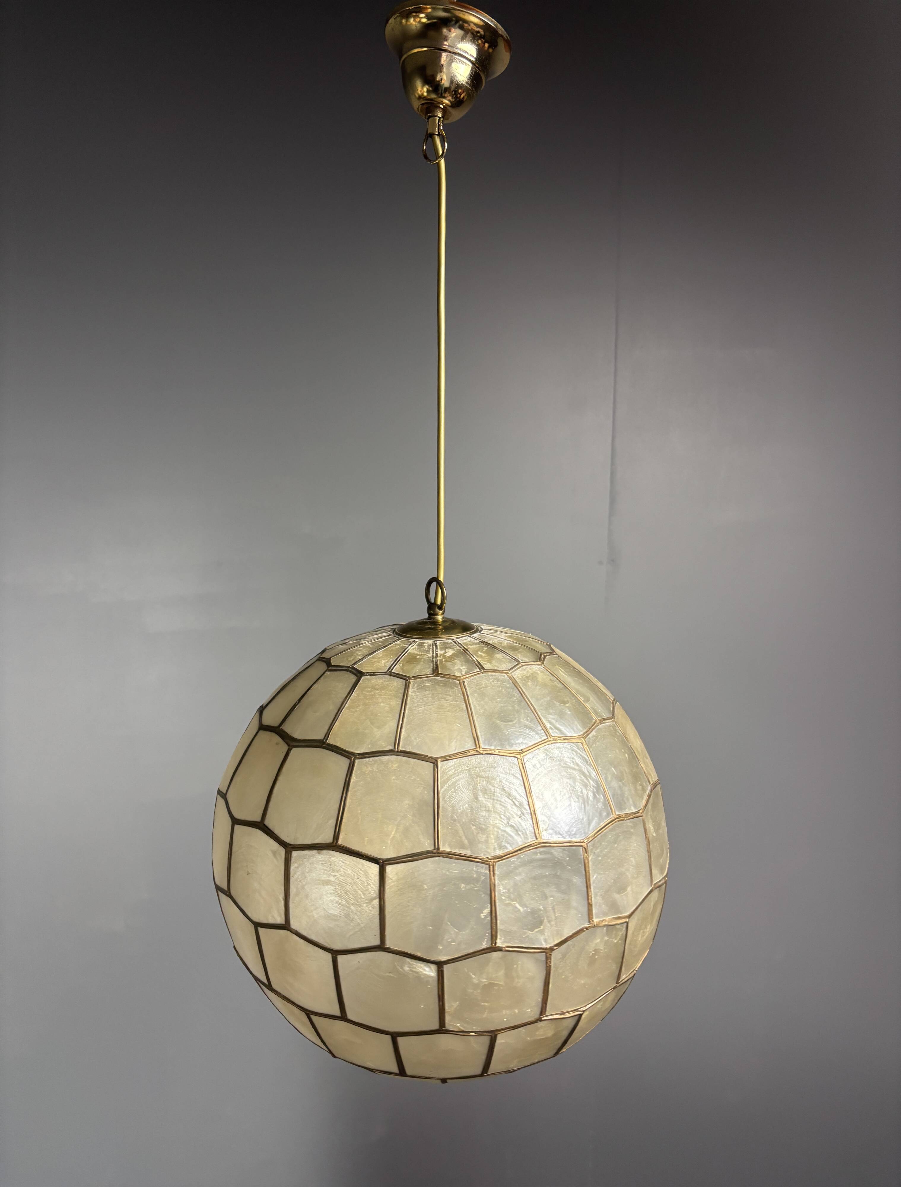 Midcentury mother of pearl Capiz shell & brass sphere large pendant, 1960s