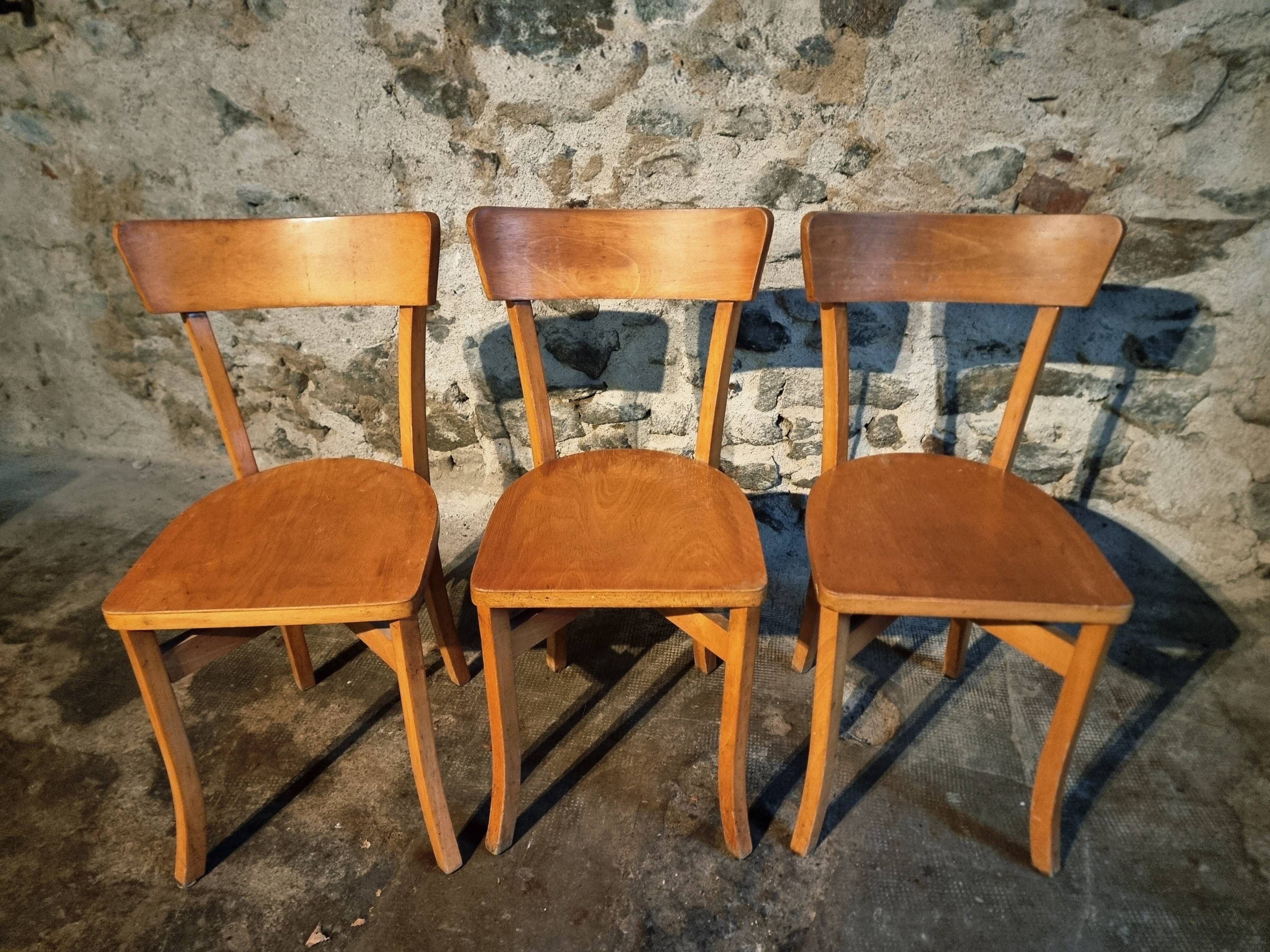Vintage French bistro chairs in beech – Set of 3, 1950s café chairs
