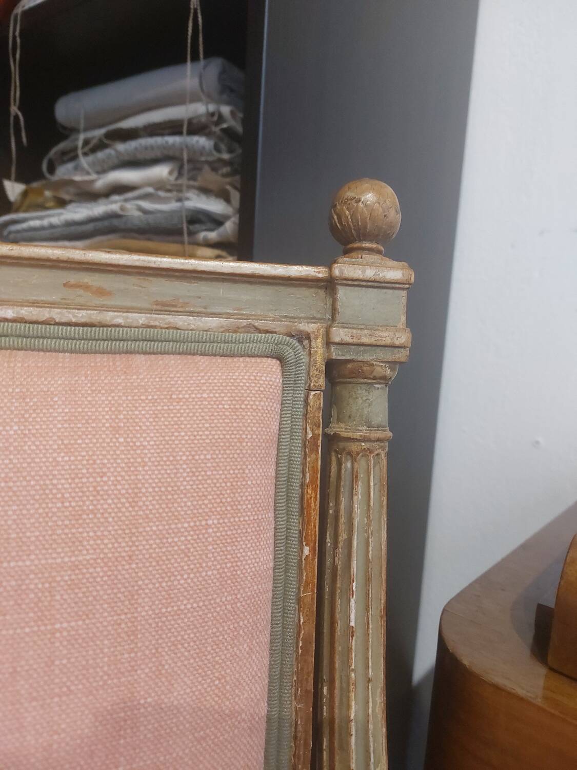 Patinated Louis XVI style armchair