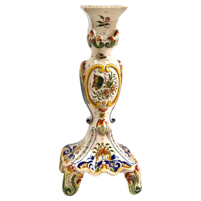 Hand-painted earthenware candle holder from Rouen, France twentieth century
