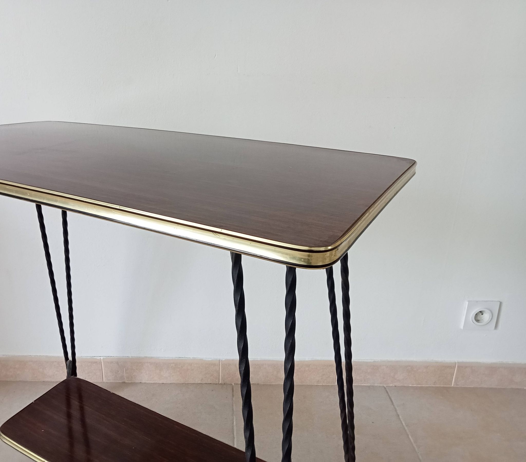 Vintage Formica and wrought iron rolling dessert trolley/side table.