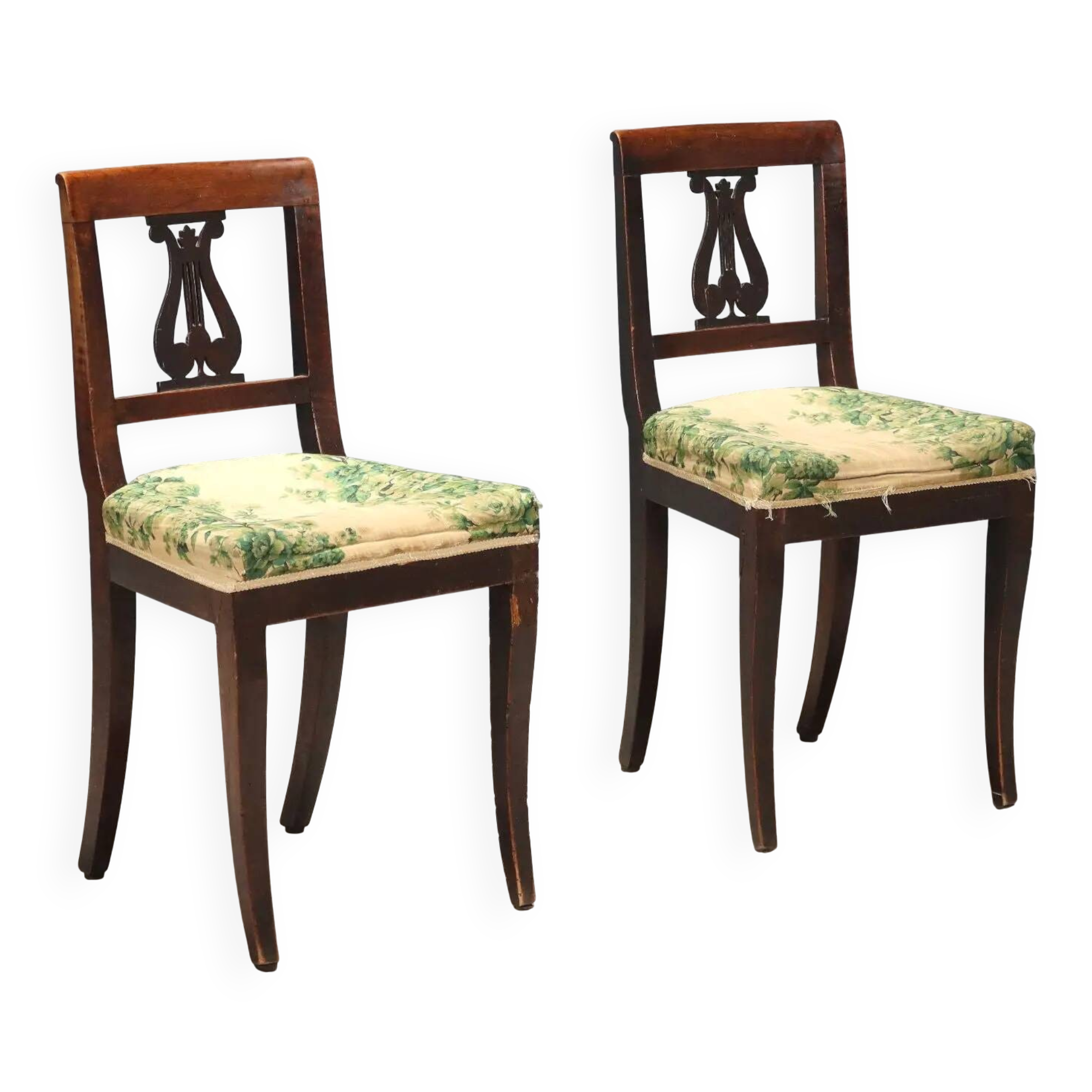 Pair of antique Directoire chairs in walnut and fabric, Italy, 19th century.