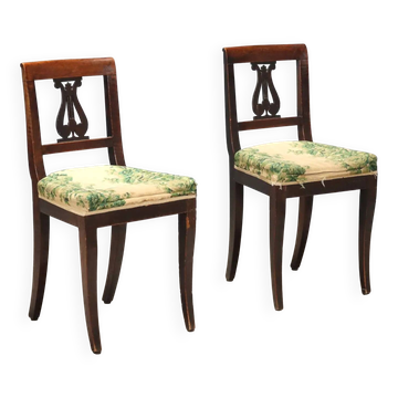 Pair of antique Directoire chairs in walnut and fabric, Italy, 19th century.