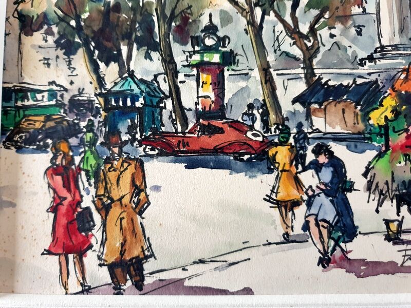 André Duculty (1912-1990) Watercolor on paper "The flower market of the Madeleine in Paris" Signed