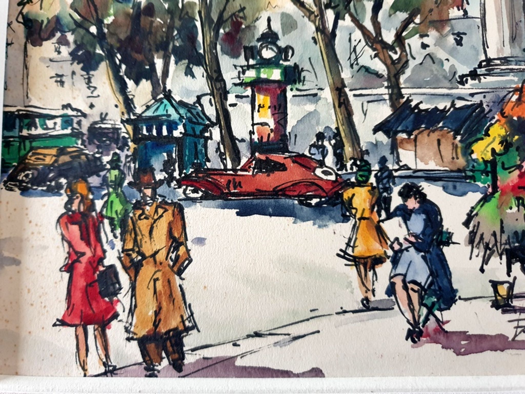 André Duculty (1912-1990) Watercolor on paper "The flower market of the Madeleine in Paris" Signed