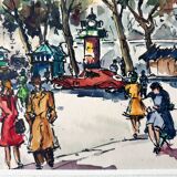 André Duculty (1912-1990) Watercolor on paper "The flower market of the Madeleine in Paris" Signed