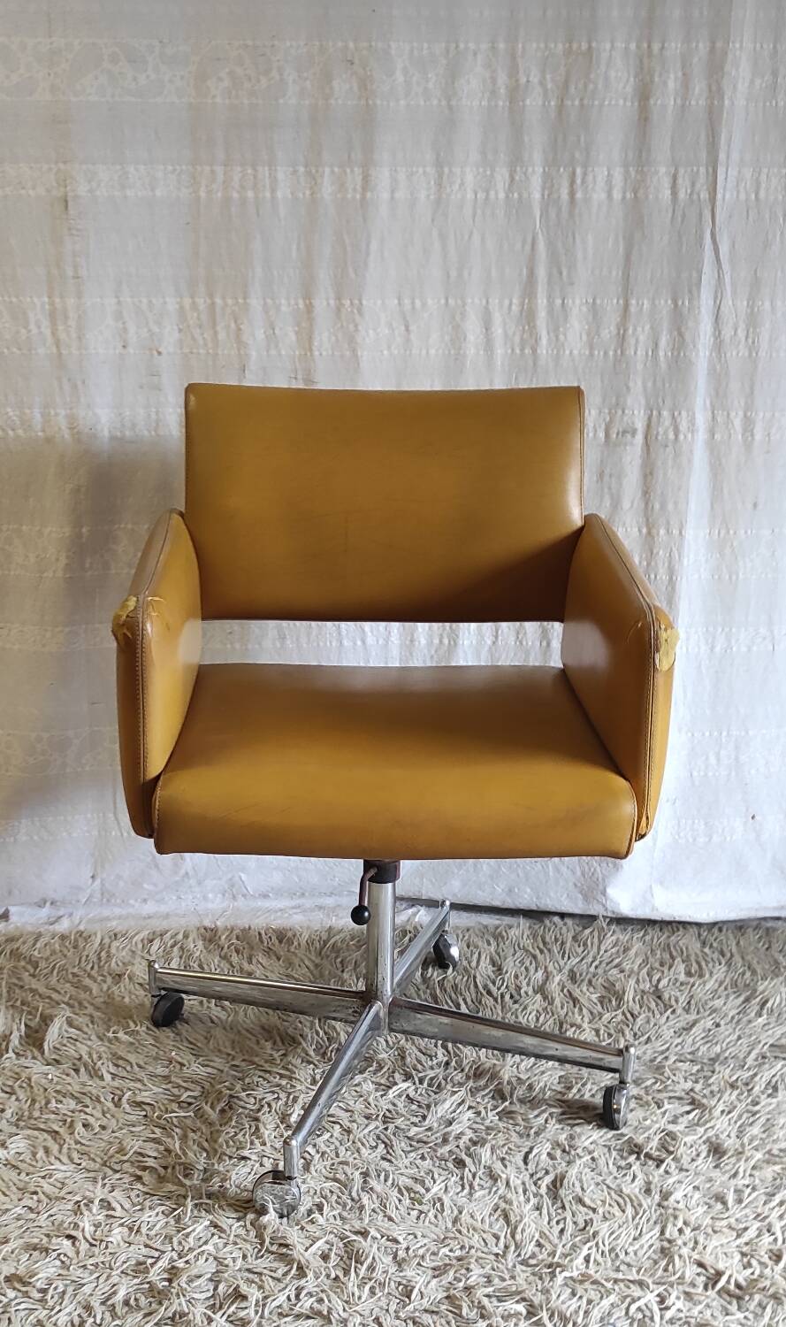 Modernist office armchair in yellow faux leather - 1950s