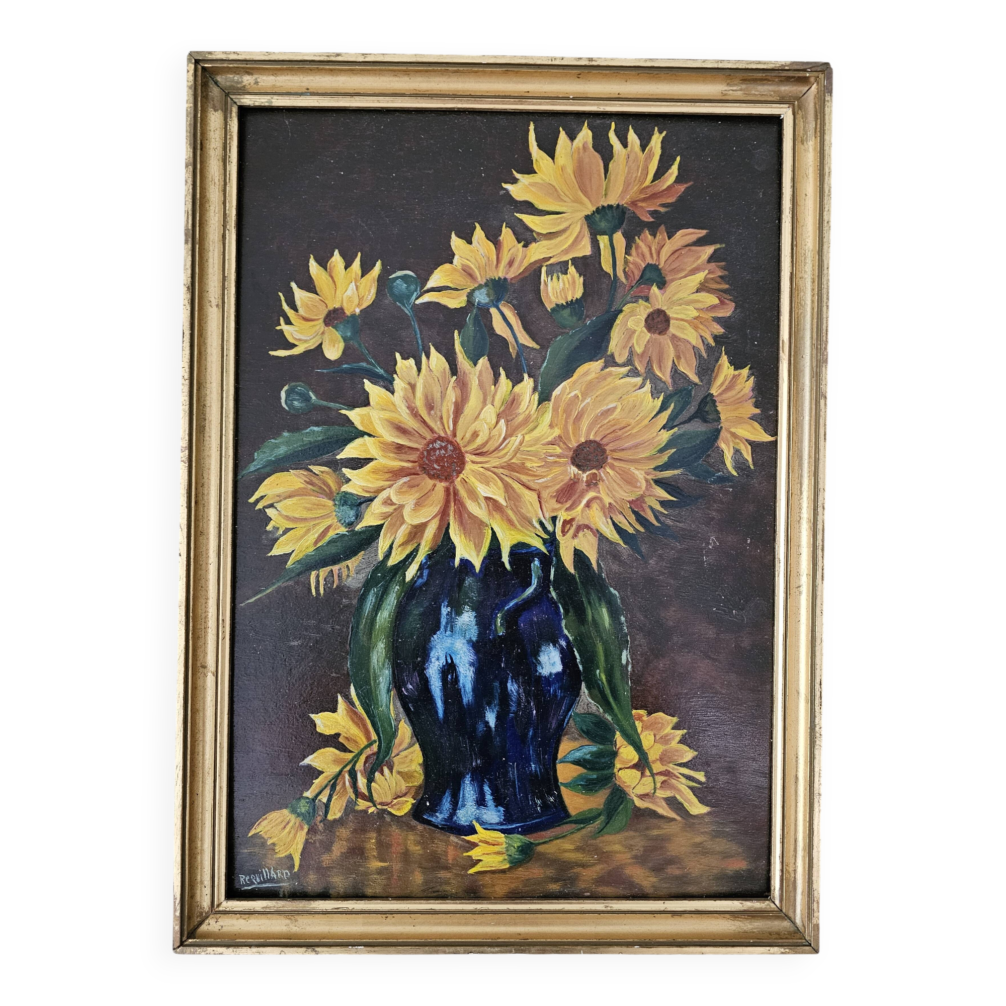 Oil painting on Isorel - Bouquet of yellow flowers Signed Rervillard