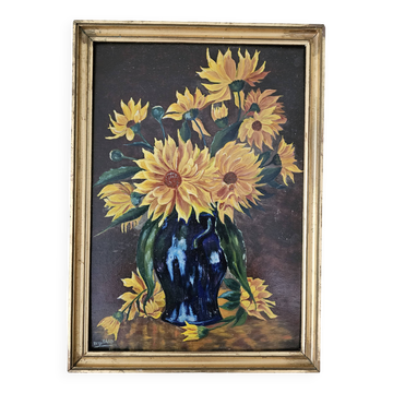 Oil painting on Isorel - Bouquet of yellow flowers Signed Rervillard