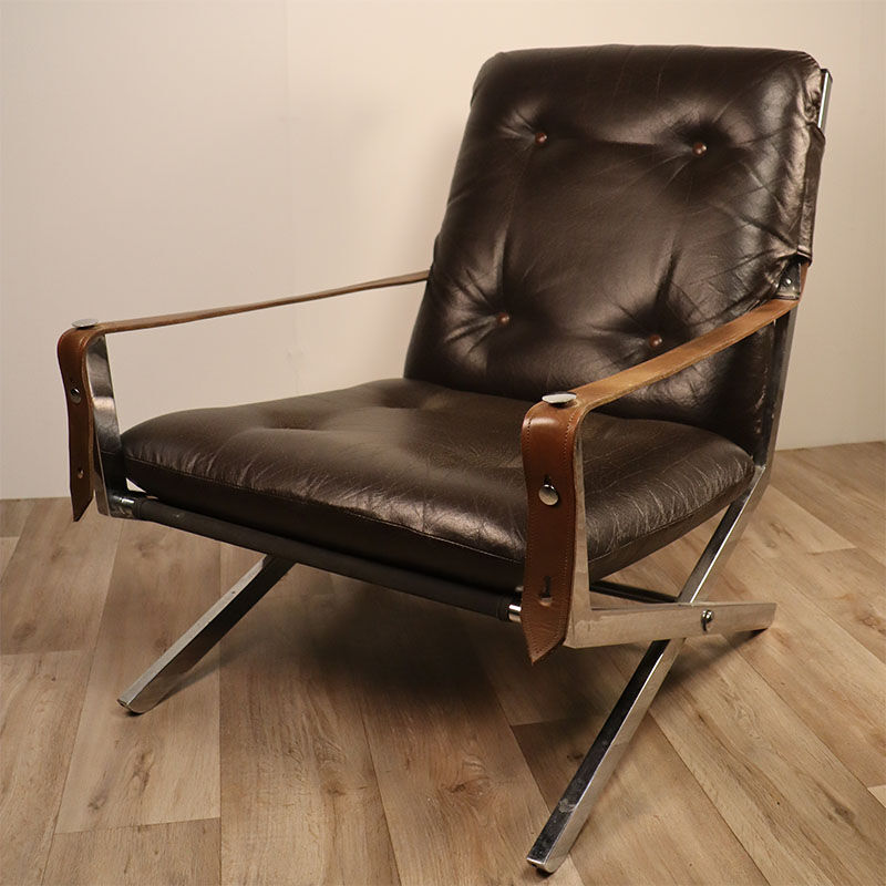 Pair of leather and chrome metal armchairs 1970