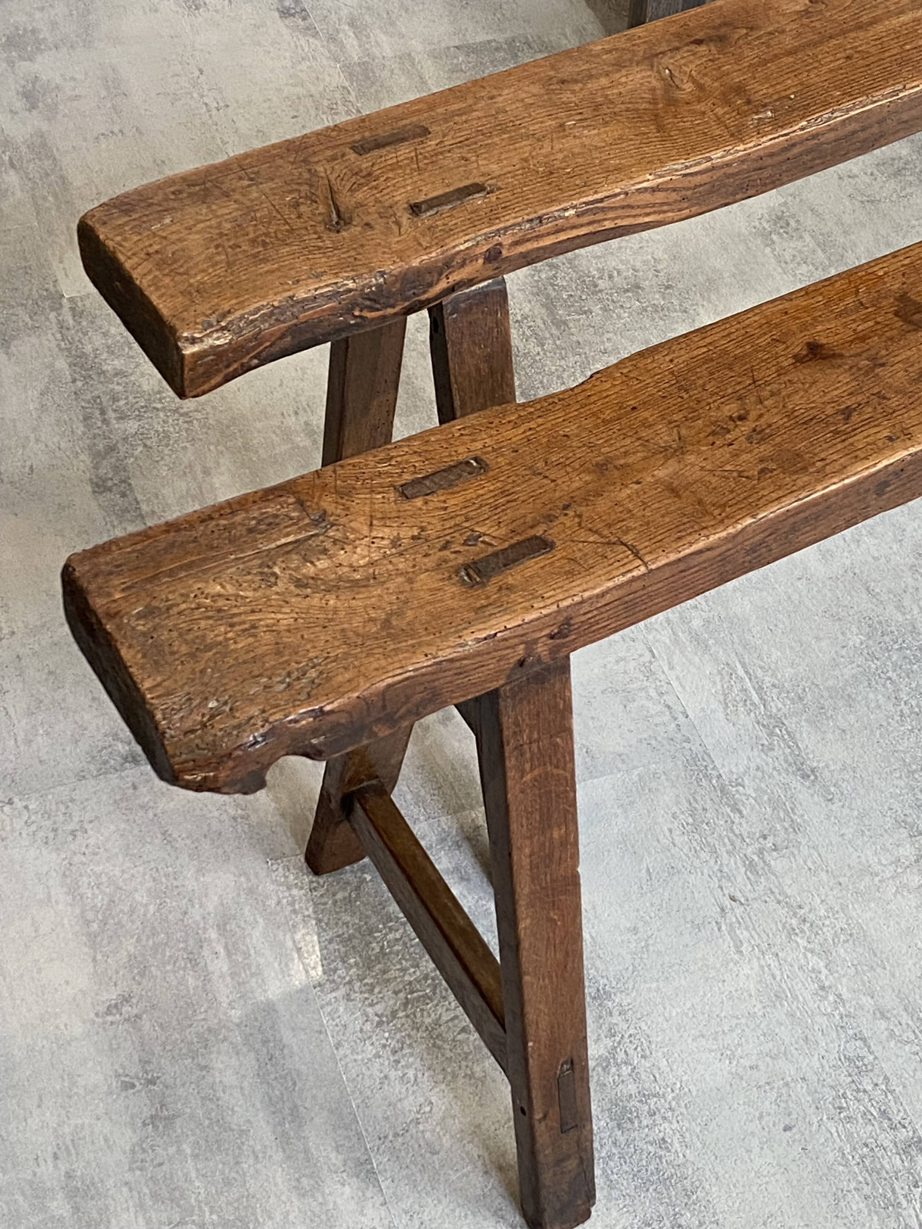 Pair of solid oak farmhouse benches 214cm for rustic table 1950