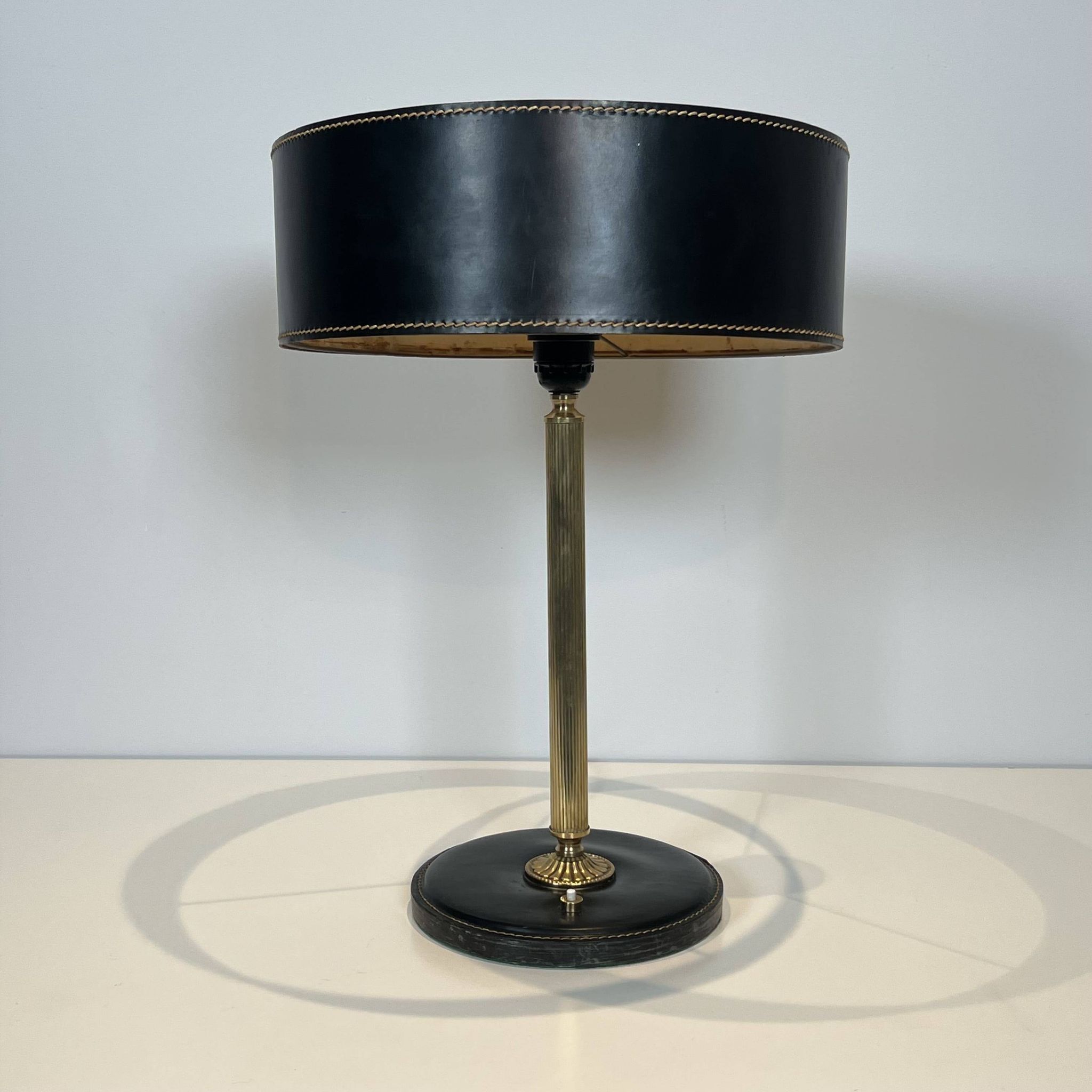 Black Quilted Leather Table Lamp and Golden Brass. French Craftsmanship.