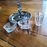 Glass salt and pepper shakers, stainless steel tray