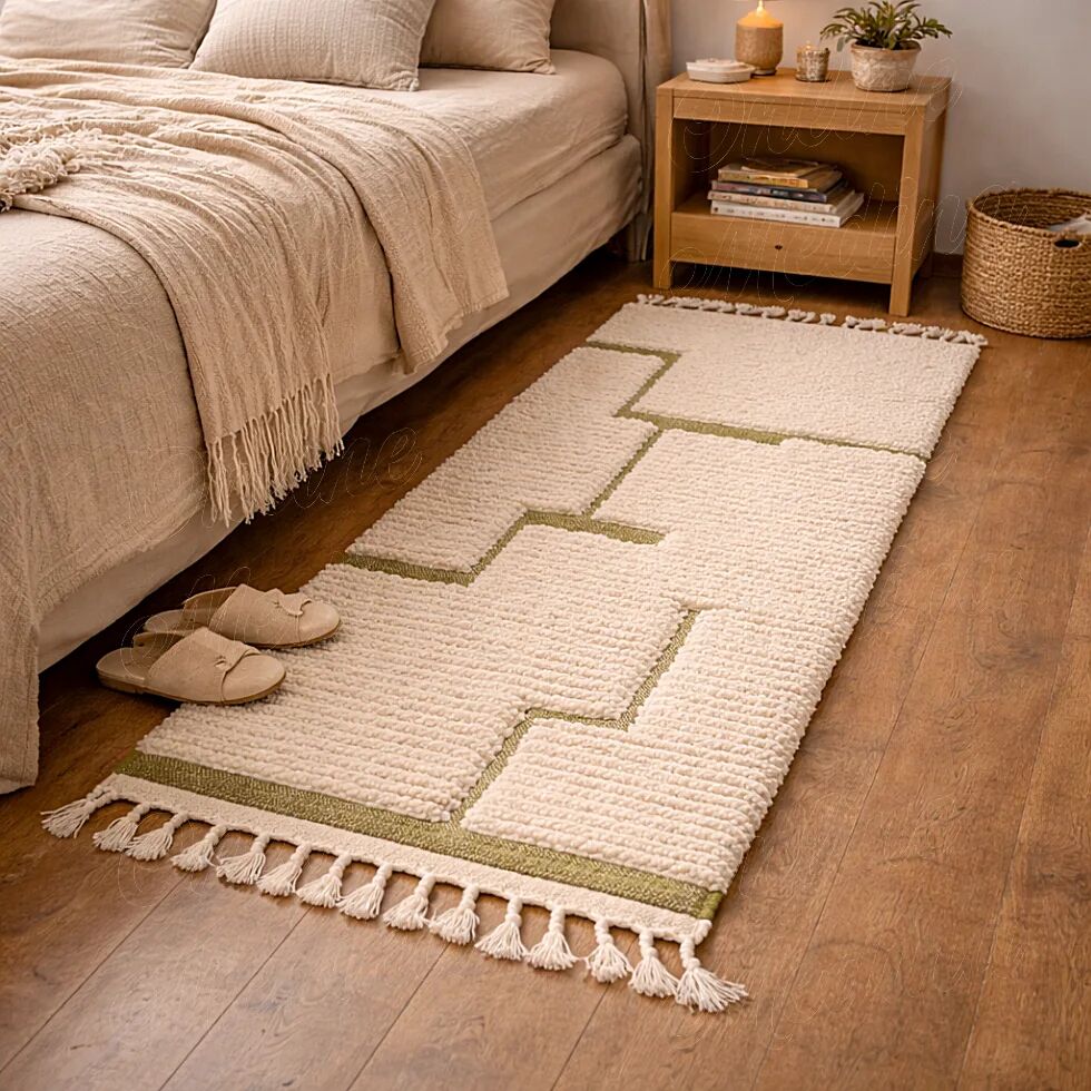 Beige Berber rug with a structured green abstract pattern.