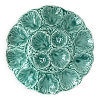 Dish with 12 oysters in turquoise slip Gien France 70s, vintage oyster plate