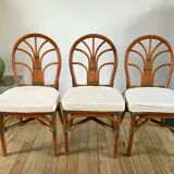 Set of 3 rattan / bamboo chairs with cushions years 1960-1970