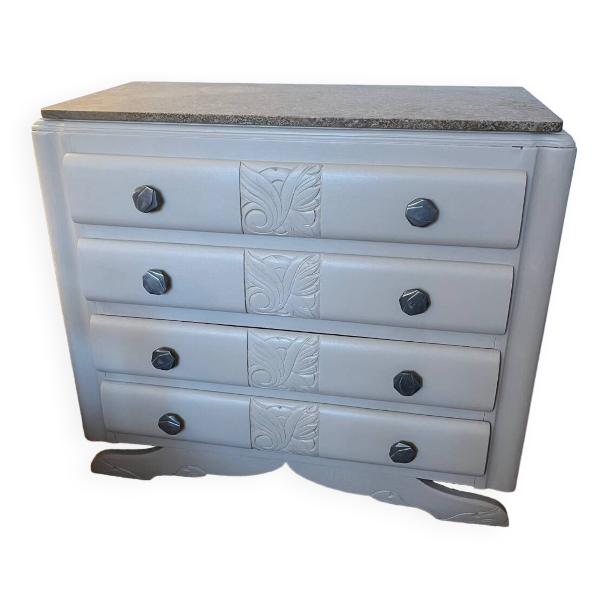 Vintage art deco chest of drawers in wood and marble mustache foot