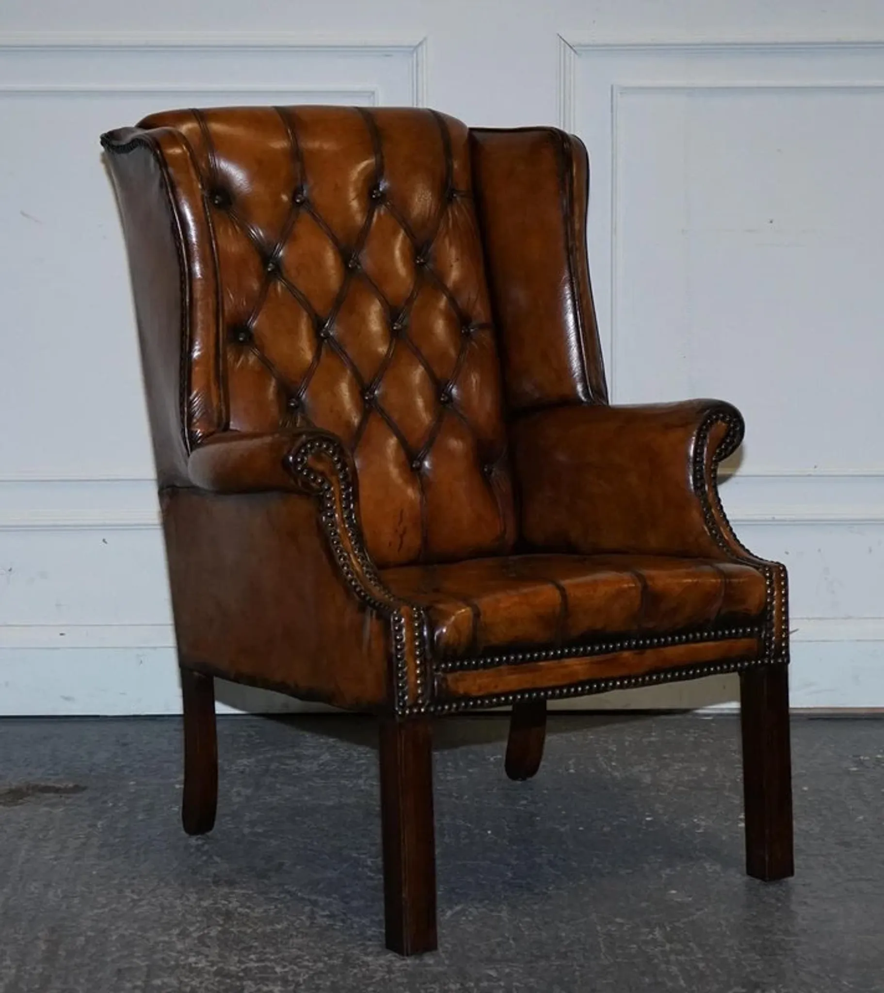 Chesterfield Wingback Armchair Set in Hand-Dyed Brown Leather, 1960s