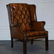 Chesterfield Wingback Armchair Set in Hand-Dyed Brown Leather, 1960s
