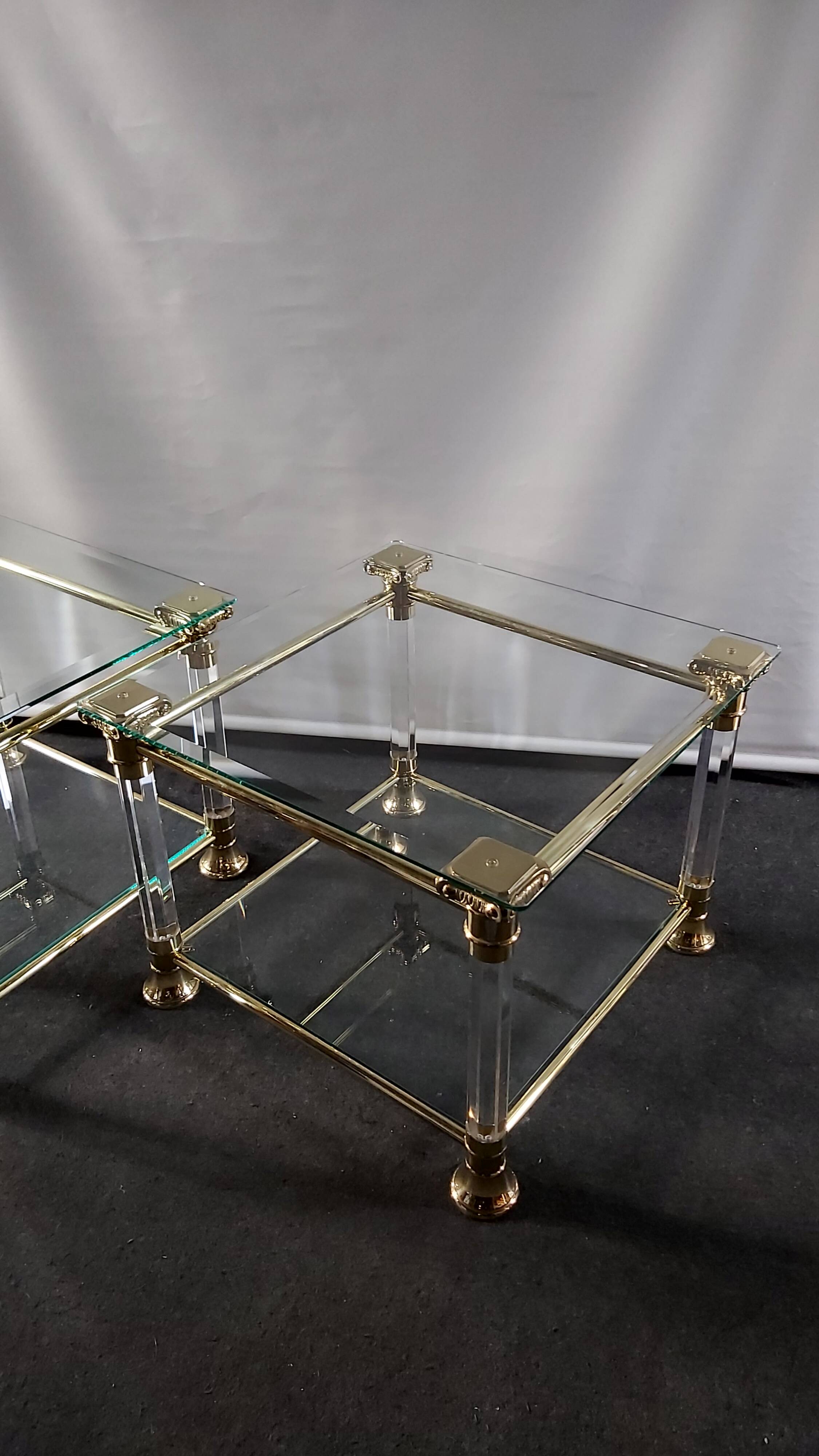 Pair of tables in brass, acrylic and glass