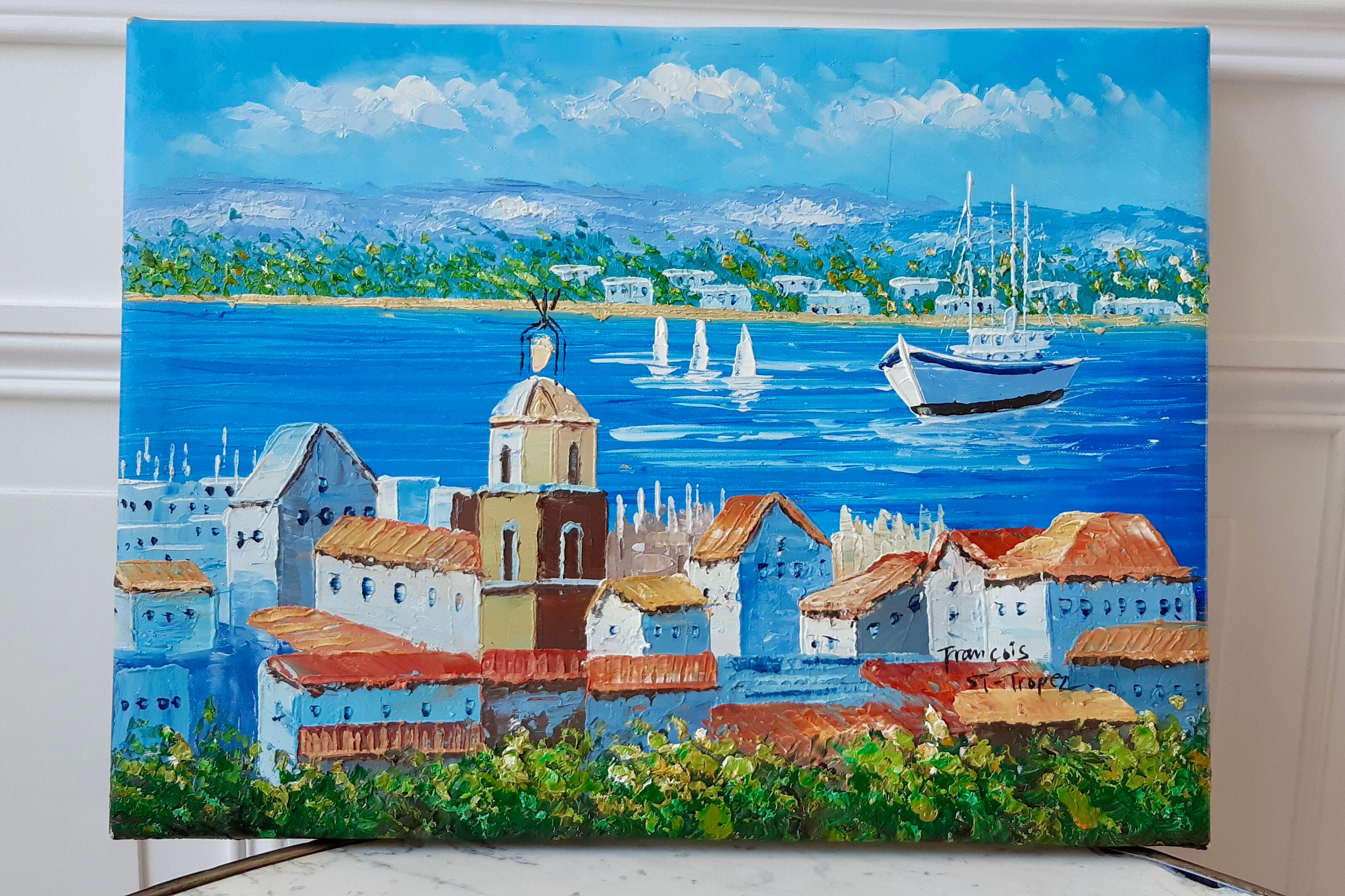 Oil on canvas painting representing Saint Tropez south of the vintage France