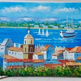 Oil on canvas painting representing Saint Tropez south of the vintage France
