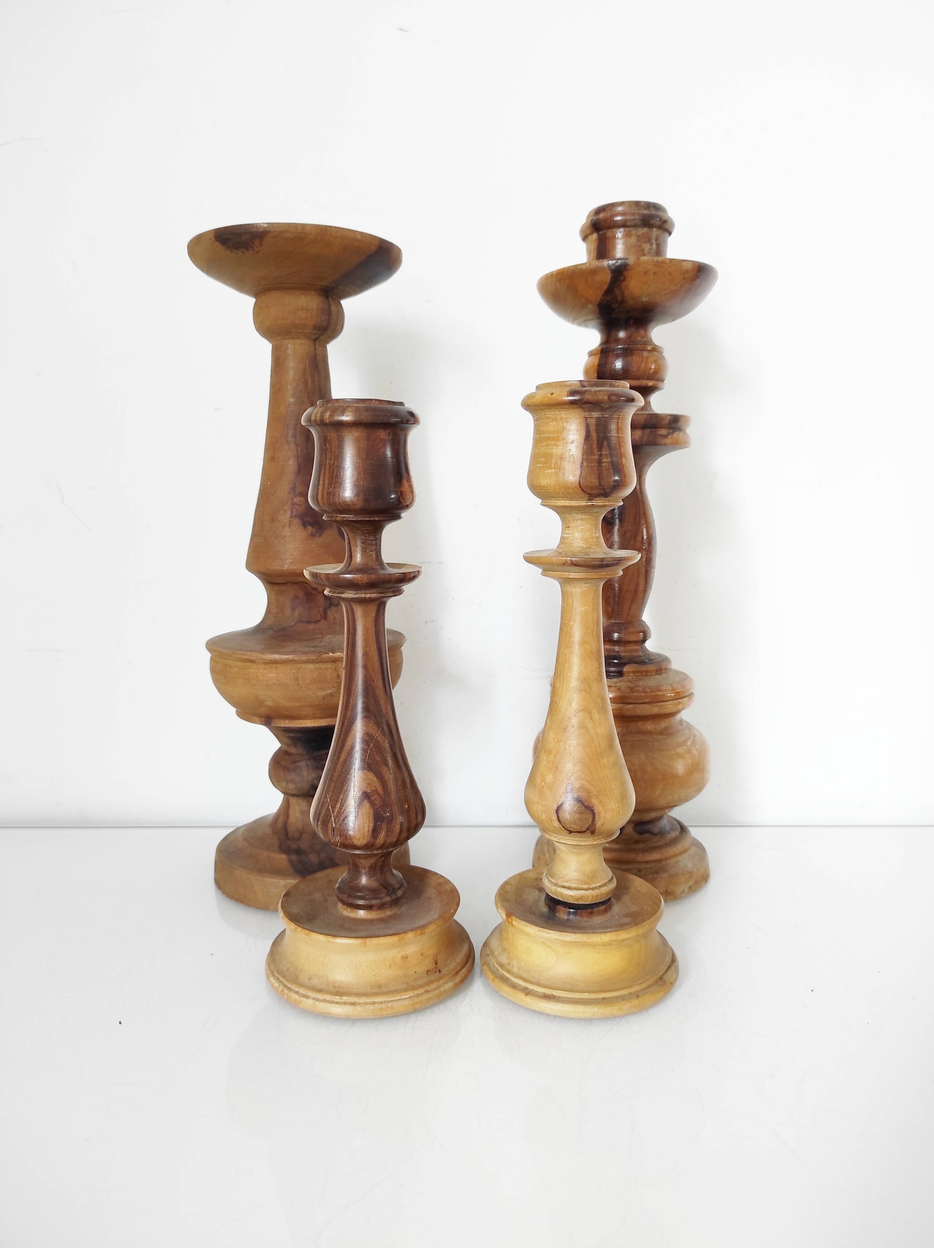 Set of 4 turned wooden candle holders