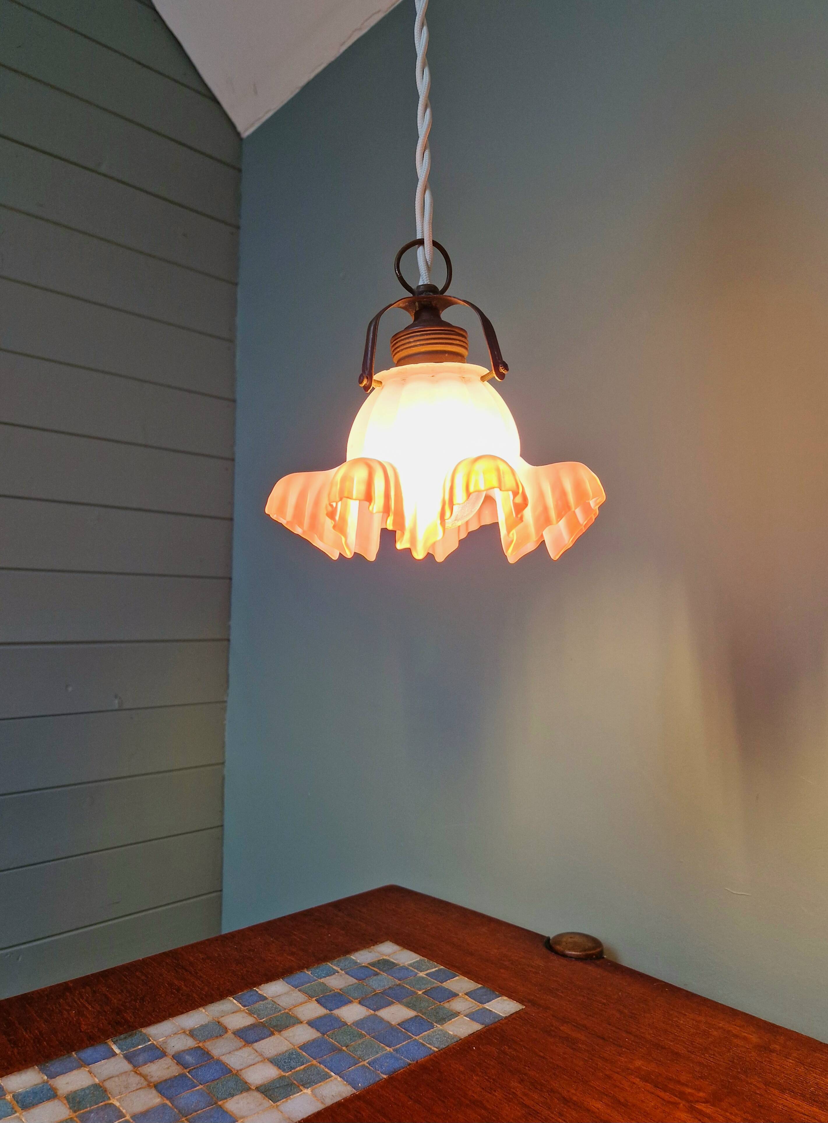 Scalloped pink satin glass pendant/lamp, 1920s-30s