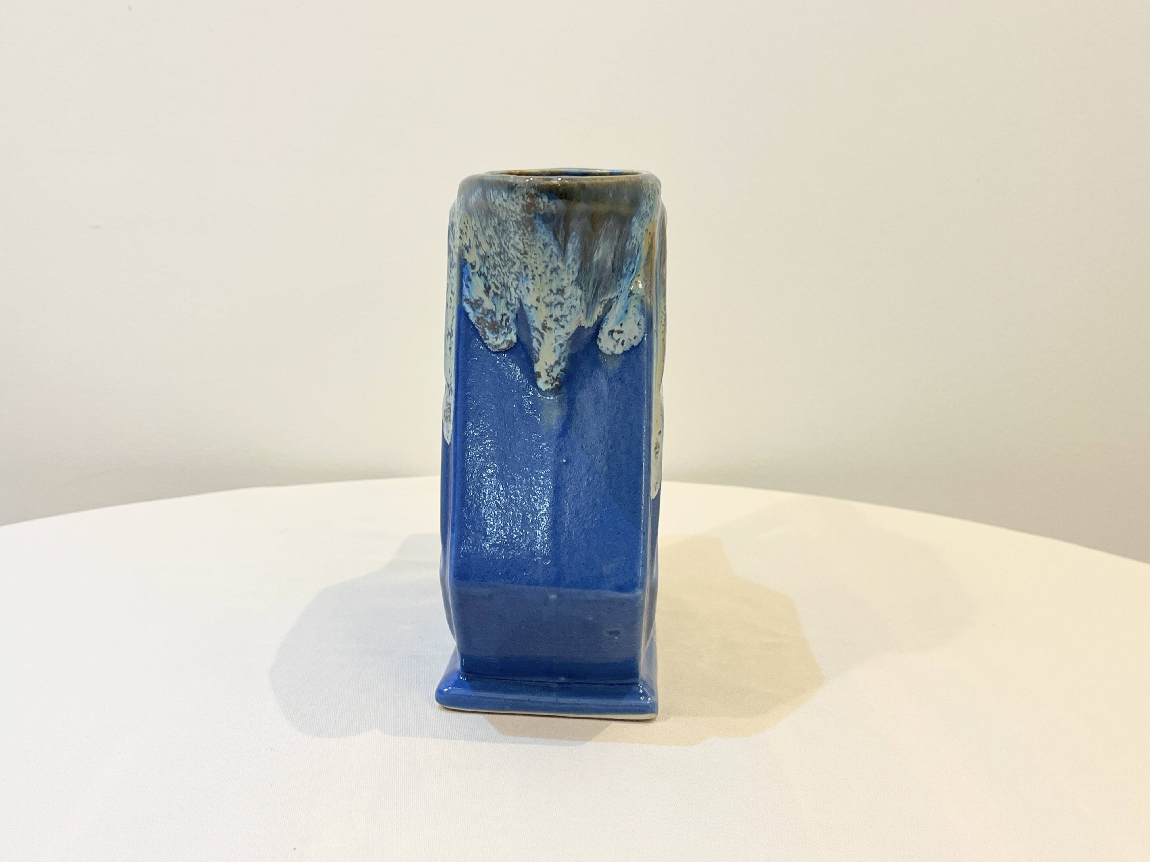 Large vintage art deco pitcher alpho in fat lava blue ceramic vase signed