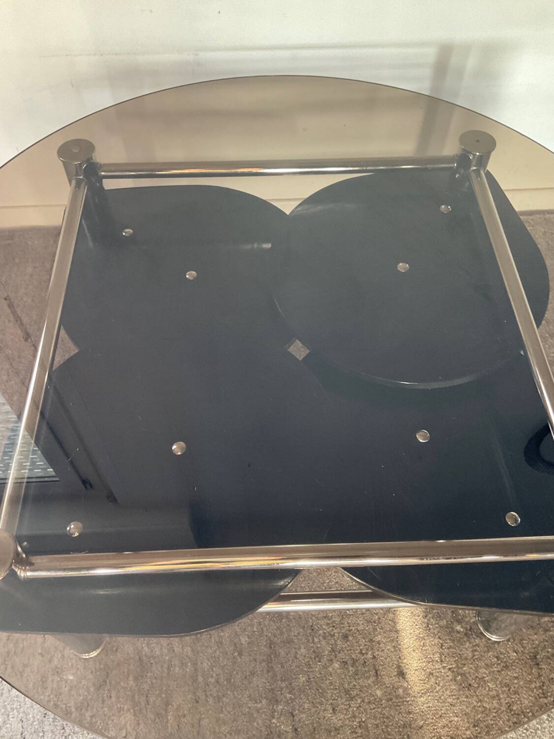 Vintage 1980s coffee table in smoked glass and chrome metal