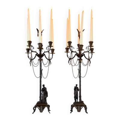 Paire de candélabres en bronze doré et patine médaille à six bras de lumière vers 1880
