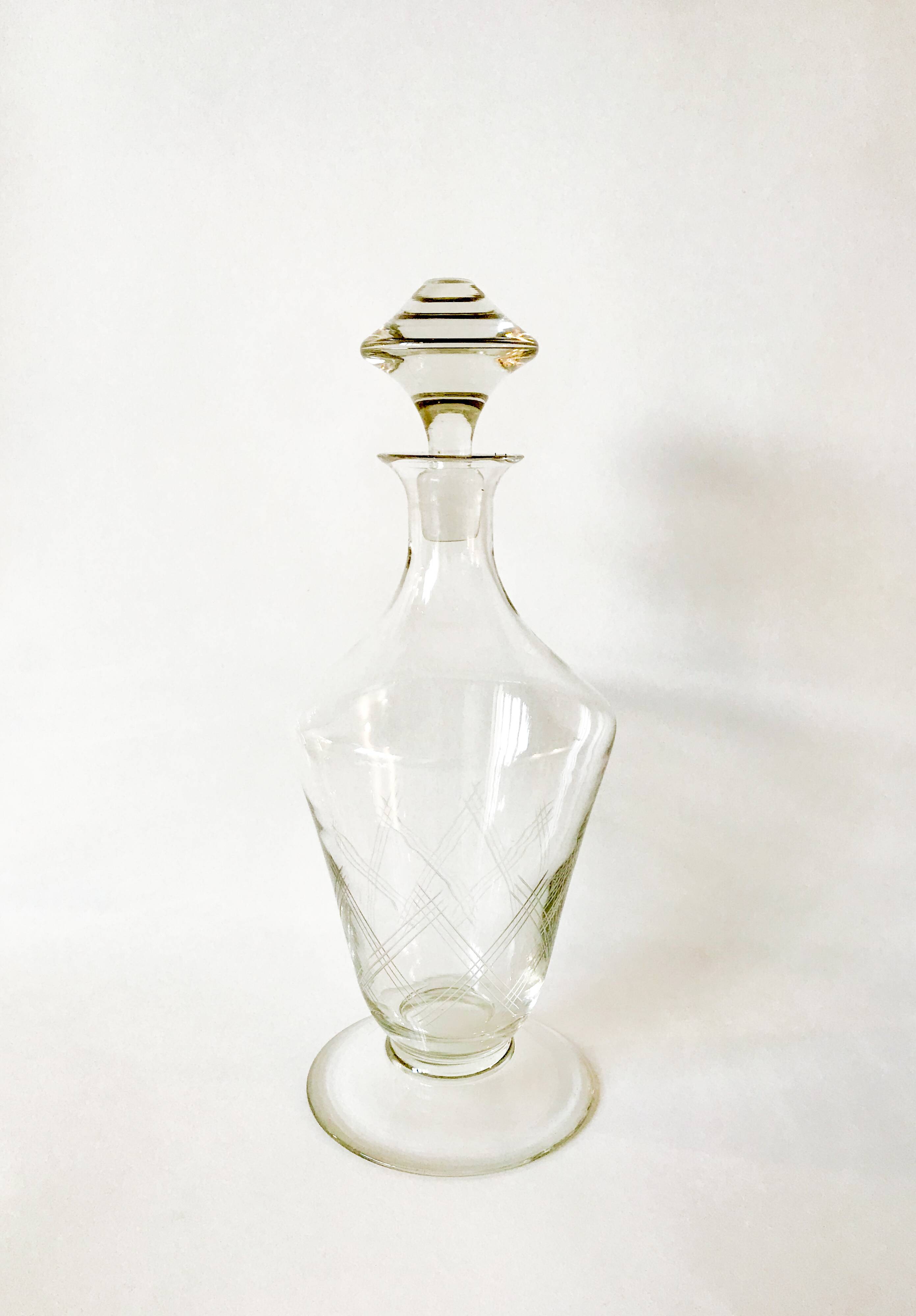 large engraved glass wine carafe from the 1950s