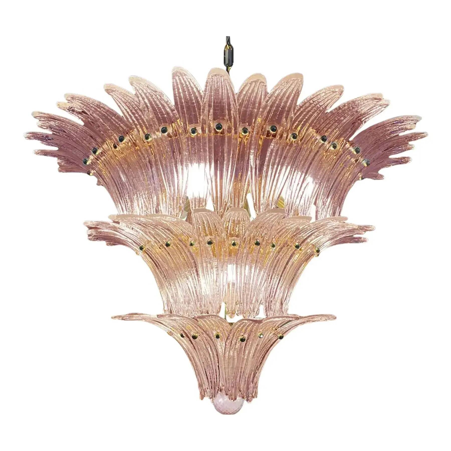 Luxury Pair of Pink “Palmette” Murano Glass Chandeliers in Mid-Century