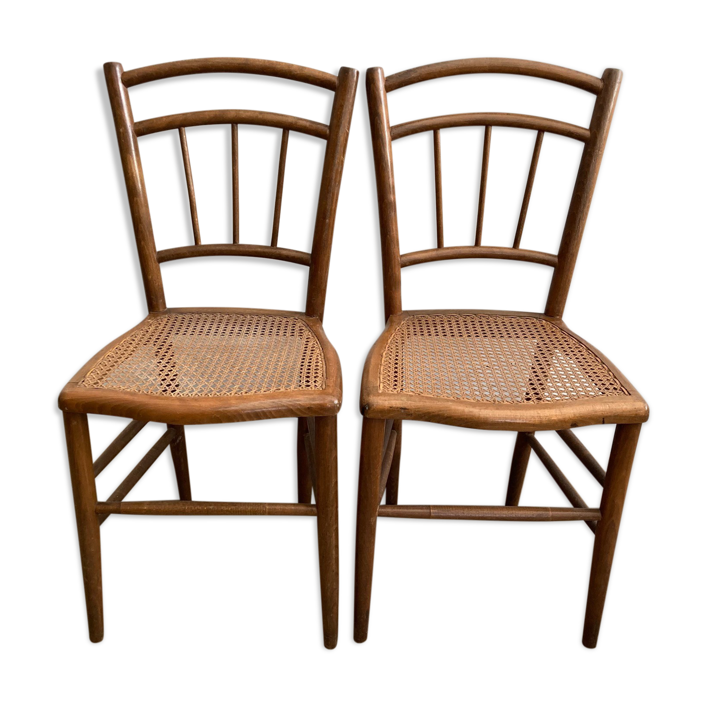 Set of 2 antique wooden bistro chairs canned seats
