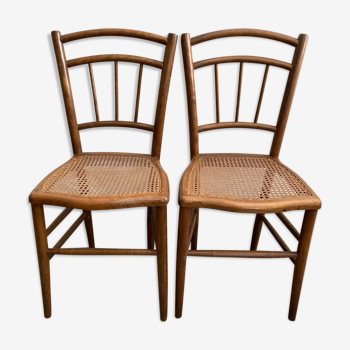 Set of 2 antique wooden bistro chairs canned seats
