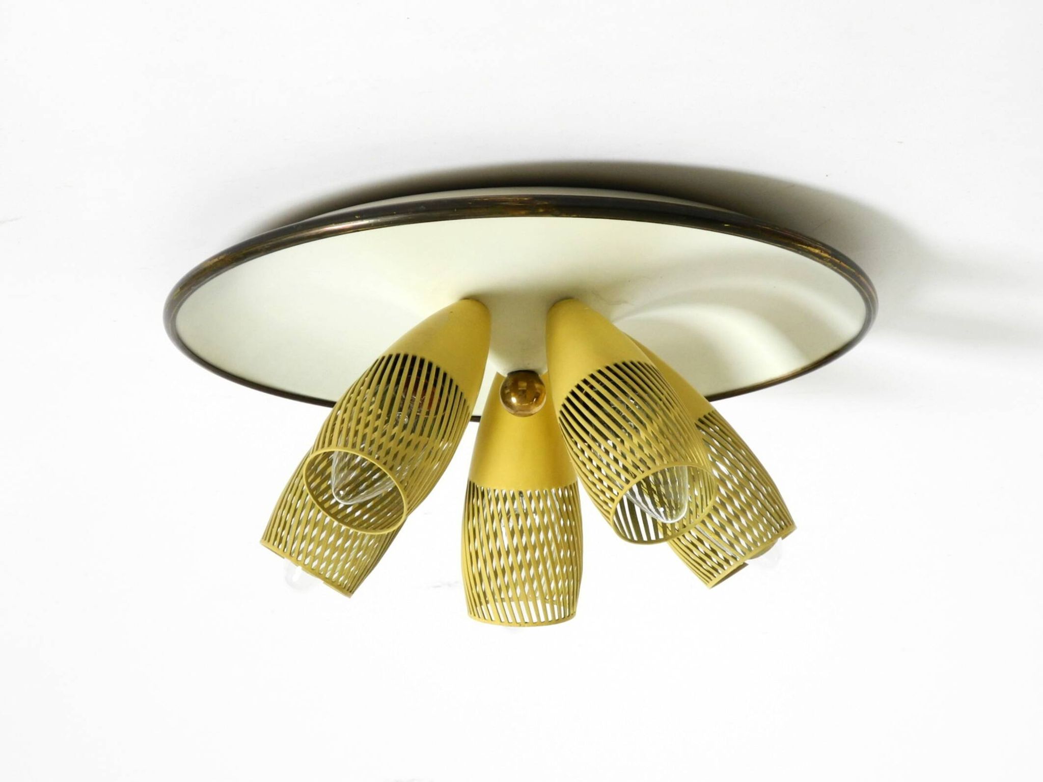 Very rare 5-arm mid-century modern metal bag ceiling lamp with round white
