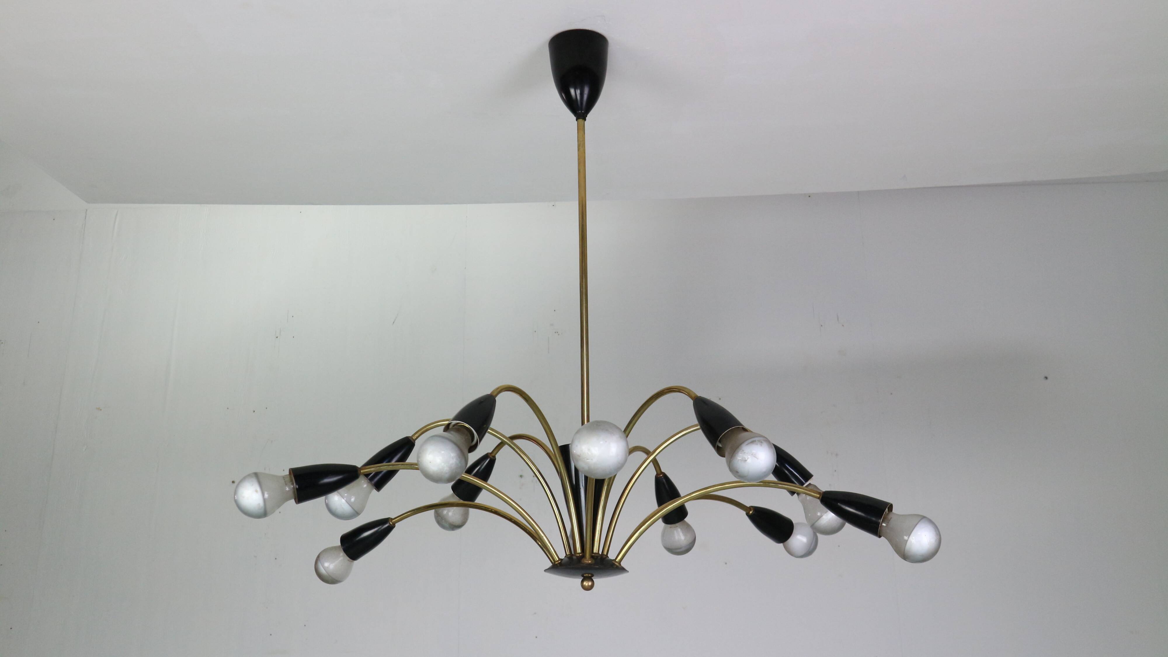 Italian Black and brass 12 arm Spider Chandelier  1950s