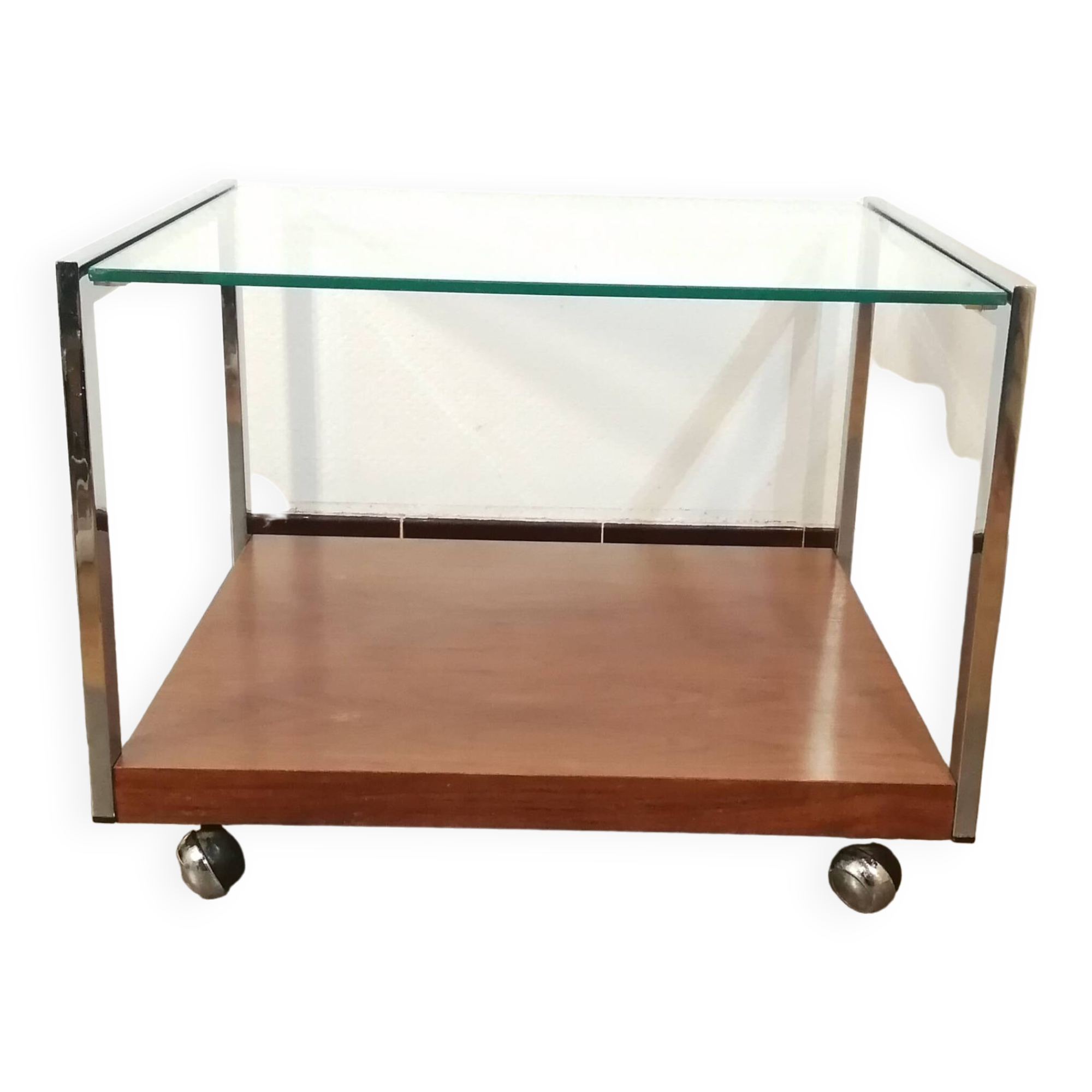 Designer coffee table on wheels, chrome, rosewood and glass from Denisco made in Italy 1970