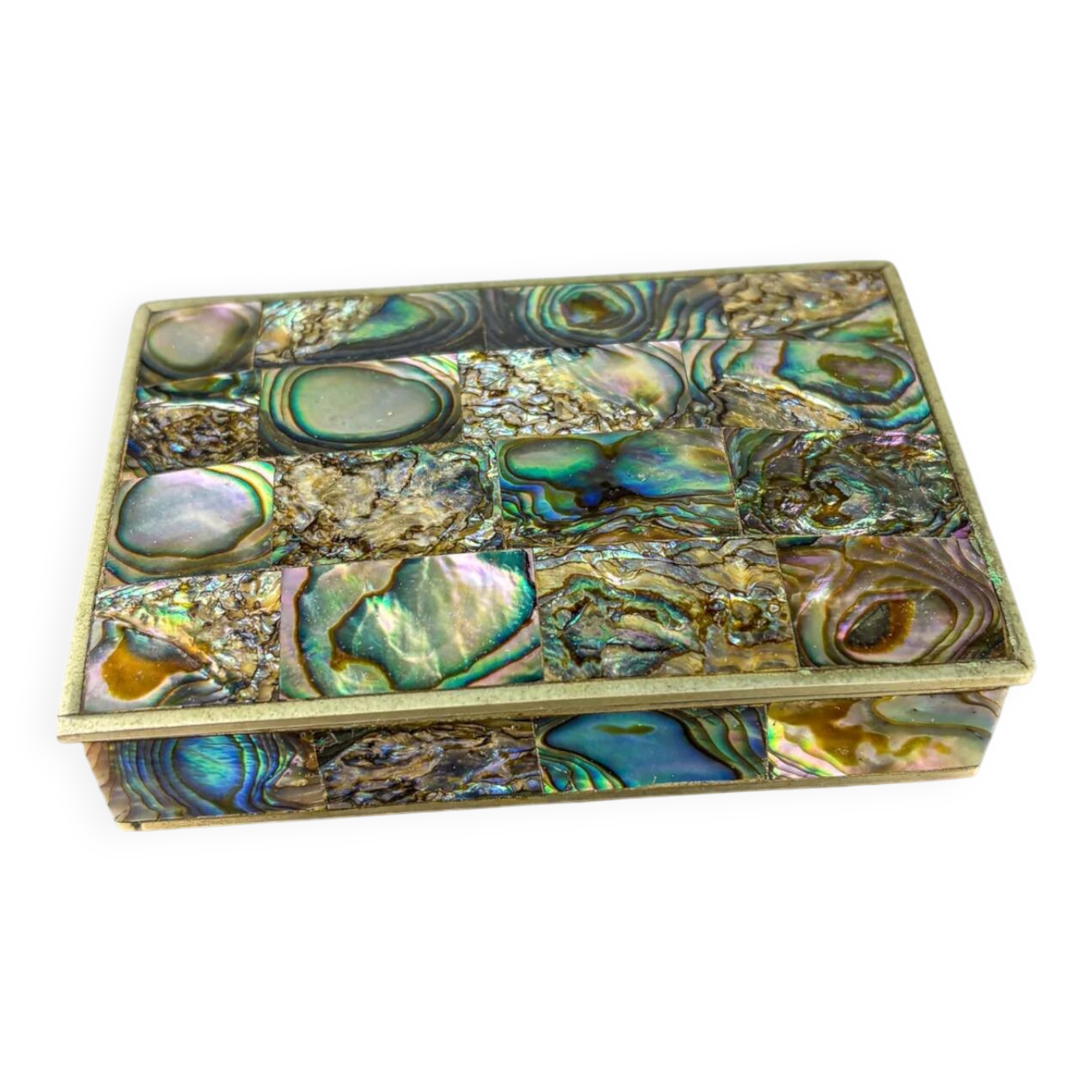 Vide-poche en coquille d'abalone, alpaga et bois, Mexique, vers 1970.