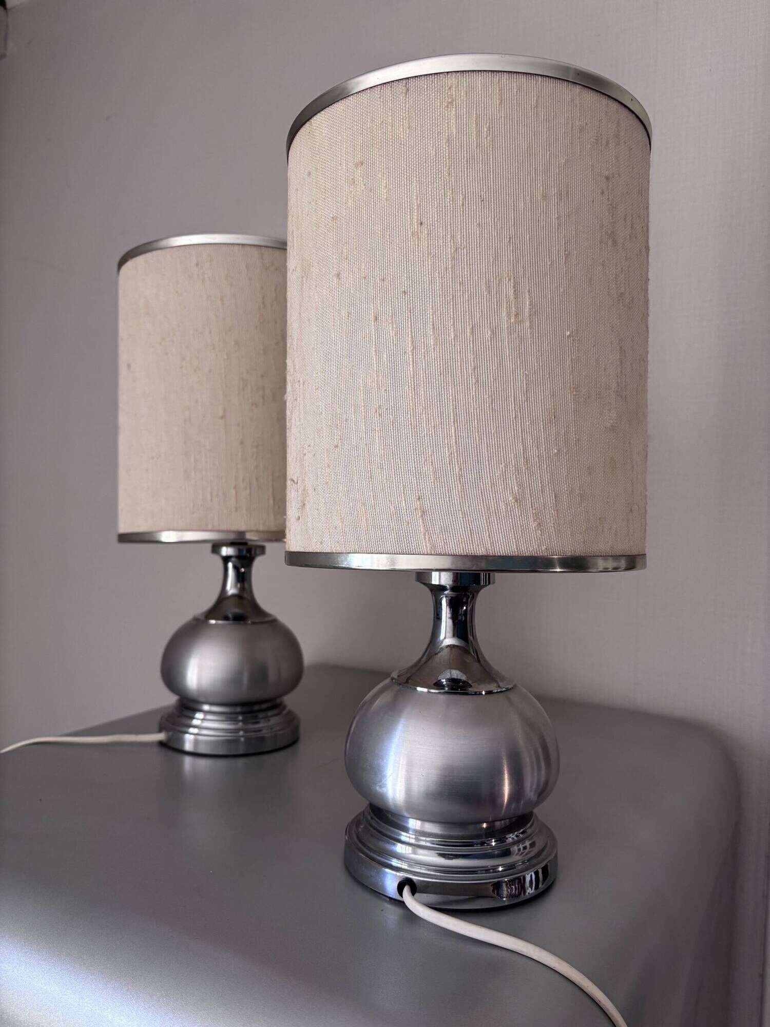 Vintage 1970s Chrome Brushed Metal Bedside Lamps Rewired Space Age